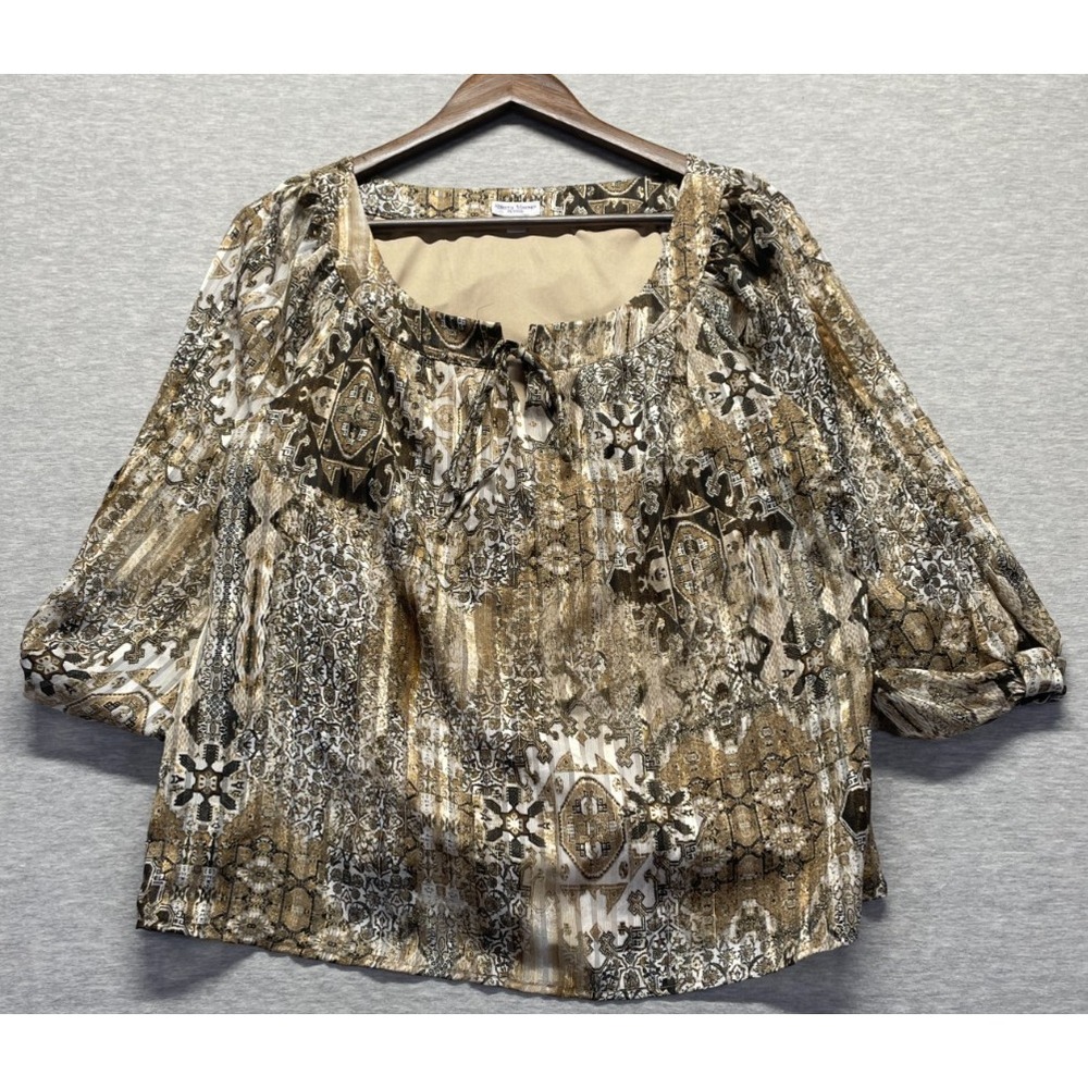 Rebecca Malone Blouse Top Women PXL Multicolor Geo Abstract Print Scoop Tie Neck